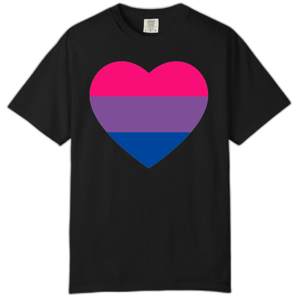 Heart shape filled with bisexual pride flag stripes in magenta, purple, and dark blue on gray background in Black