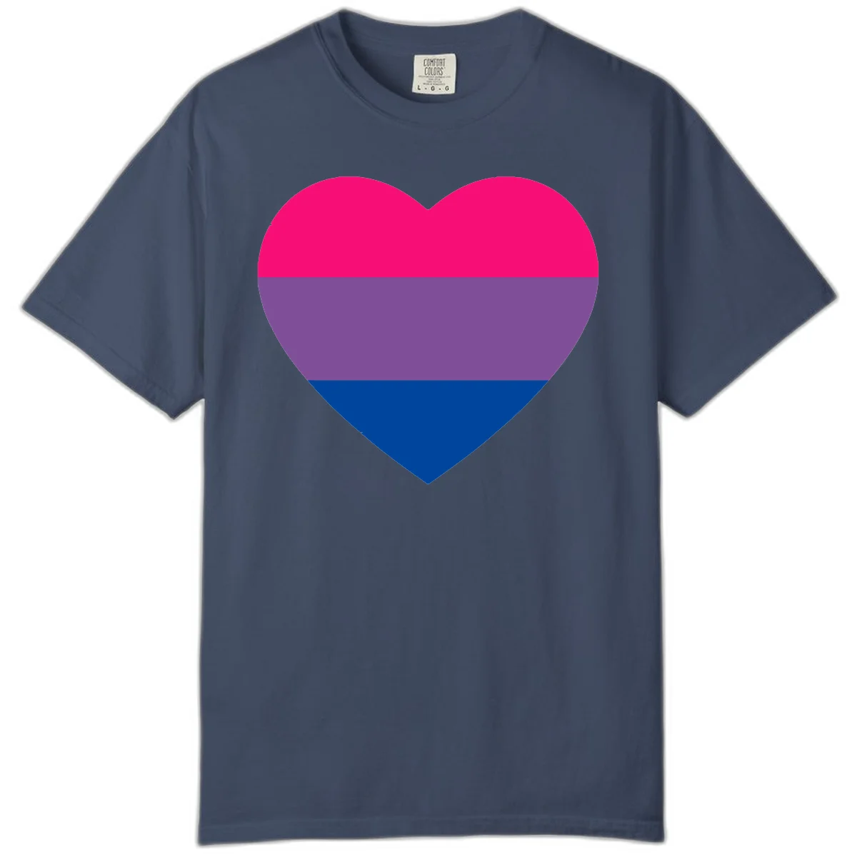 Heart shape filled with bisexual pride flag stripes in magenta, purple, and dark blue on gray background in Midnight
