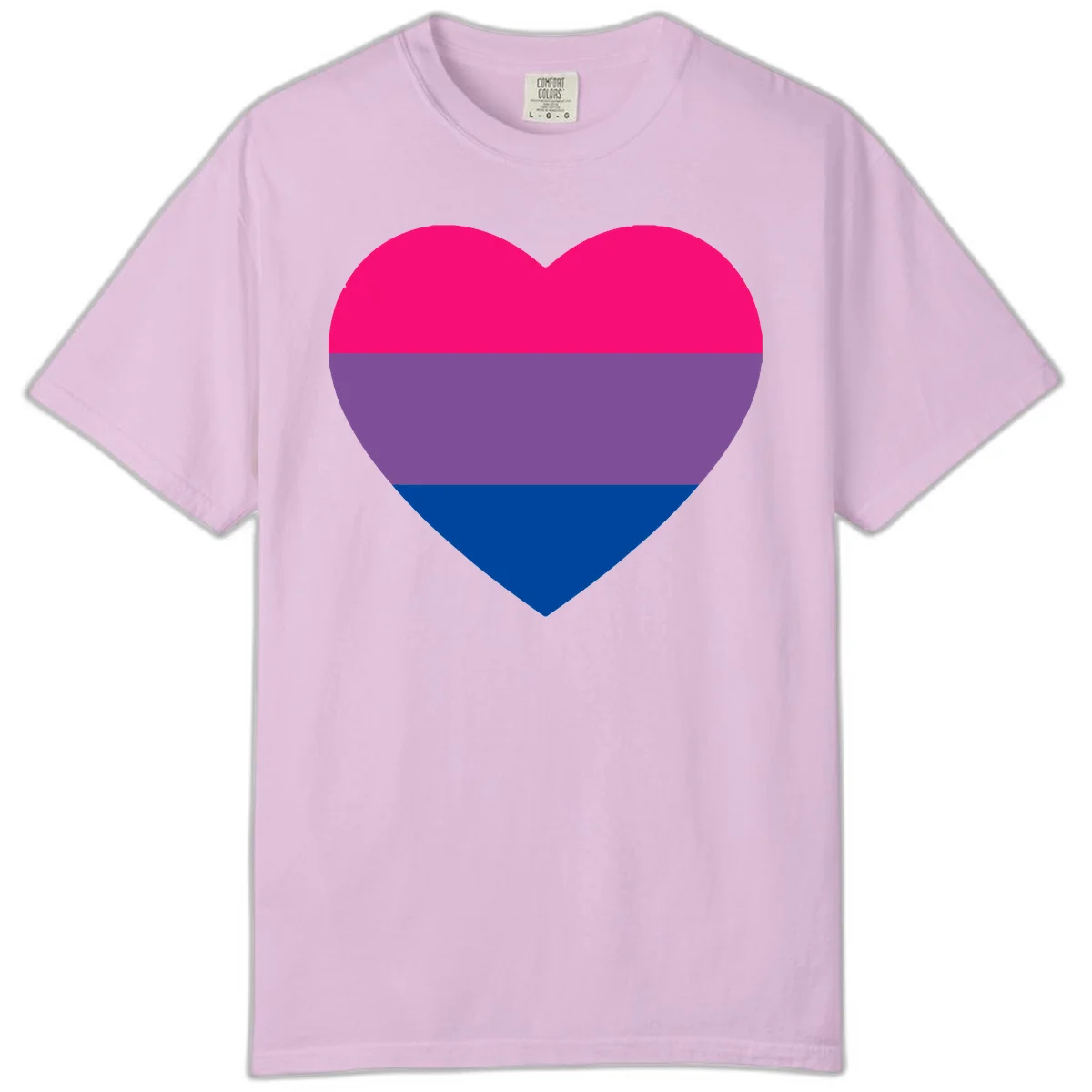 Heart shape filled with bisexual pride flag stripes in magenta, purple, and dark blue on gray background in Orchid