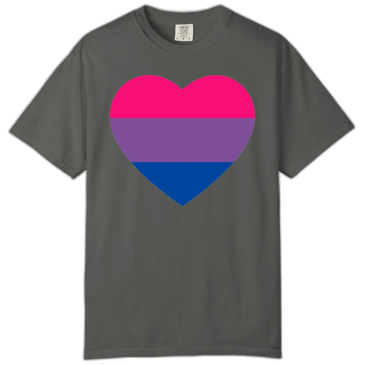 Heart shape filled with bisexual pride flag stripes in magenta, purple, and dark blue on gray background in Pepper