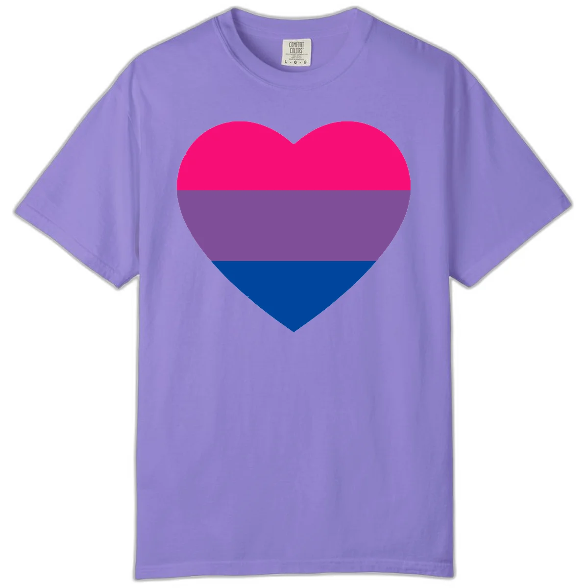 Heart shape filled with bisexual pride flag stripes in magenta, purple, and dark blue on gray background in Violet