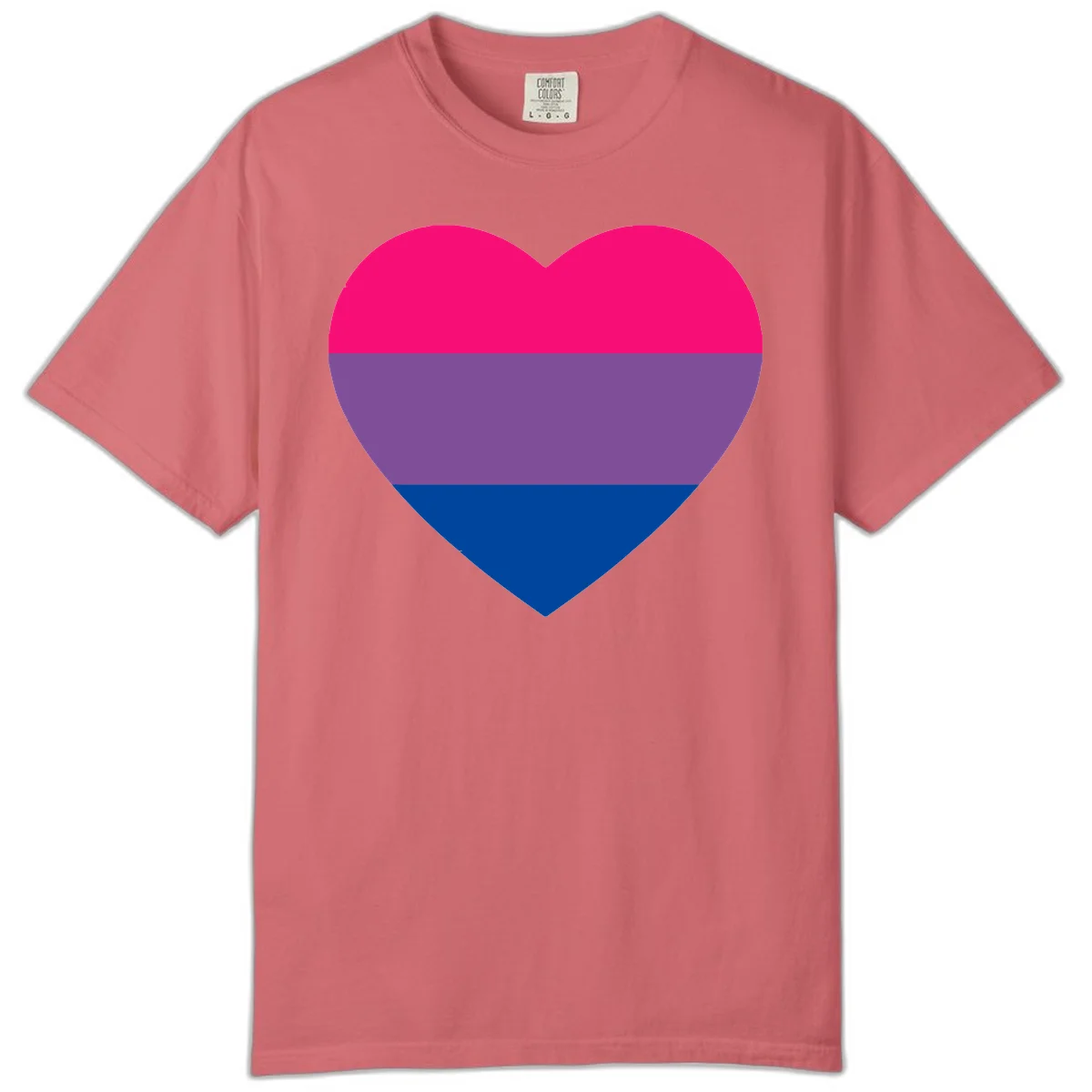 Heart shape filled with bisexual pride flag stripes in magenta, purple, and dark blue on gray background in Watermelon
