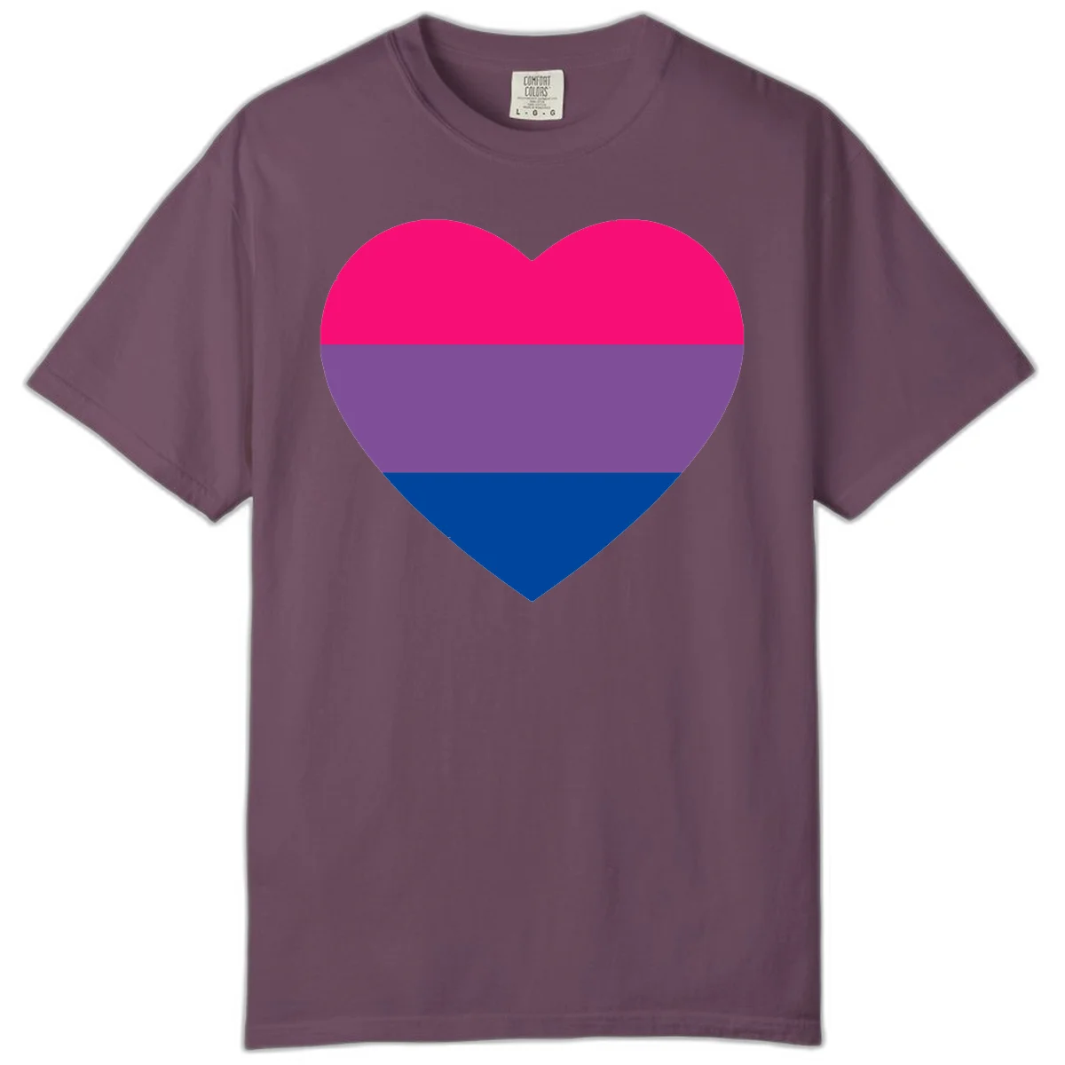 Heart shape filled with bisexual pride flag stripes in magenta, purple, and dark blue on gray background in Berry