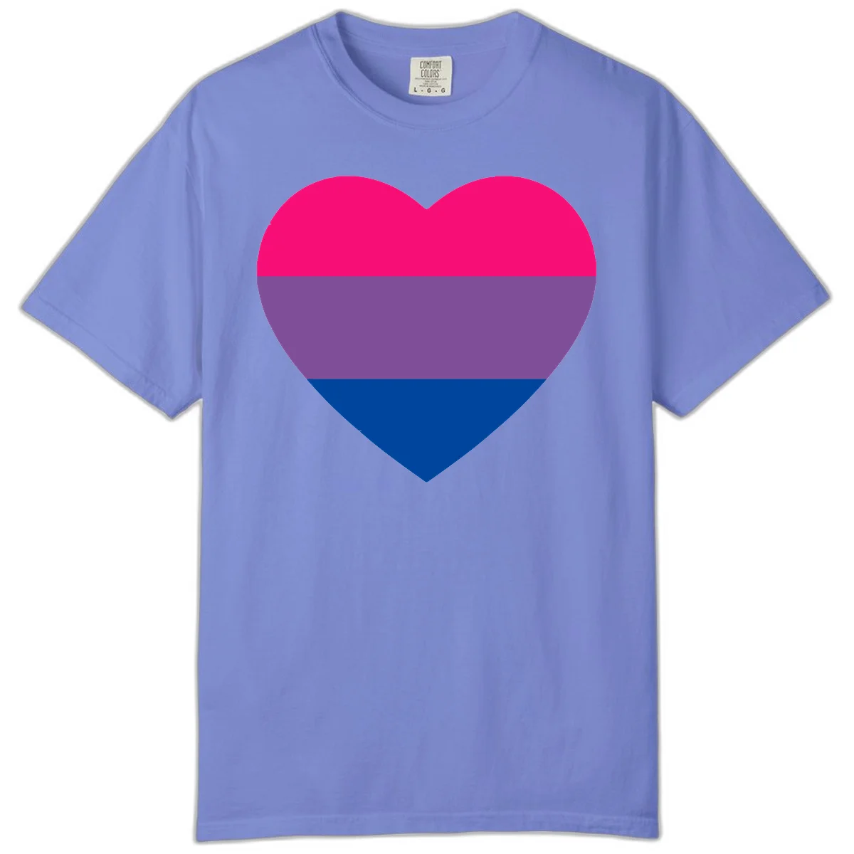 Heart shape filled with bisexual pride flag stripes in magenta, purple, and dark blue on gray background in Flo Blue
