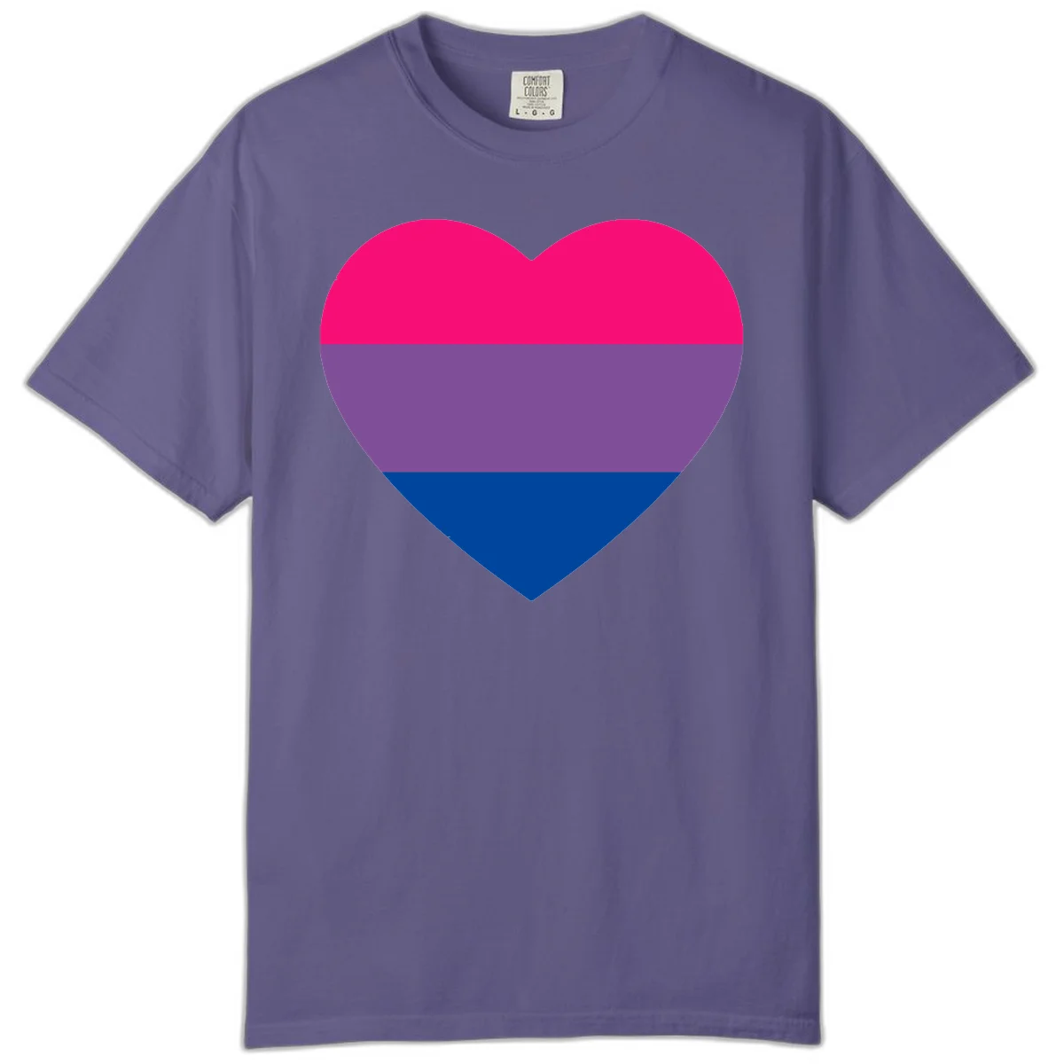 Heart shape filled with bisexual pride flag stripes in magenta, purple, and dark blue on gray background in Grape