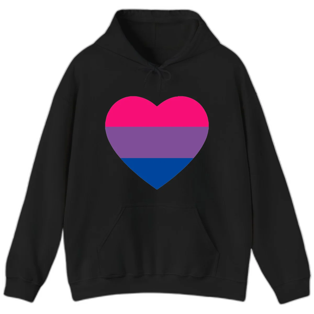 Heart shape filled with bisexual pride flag stripes in magenta, purple, and dark blue on gray background in Black