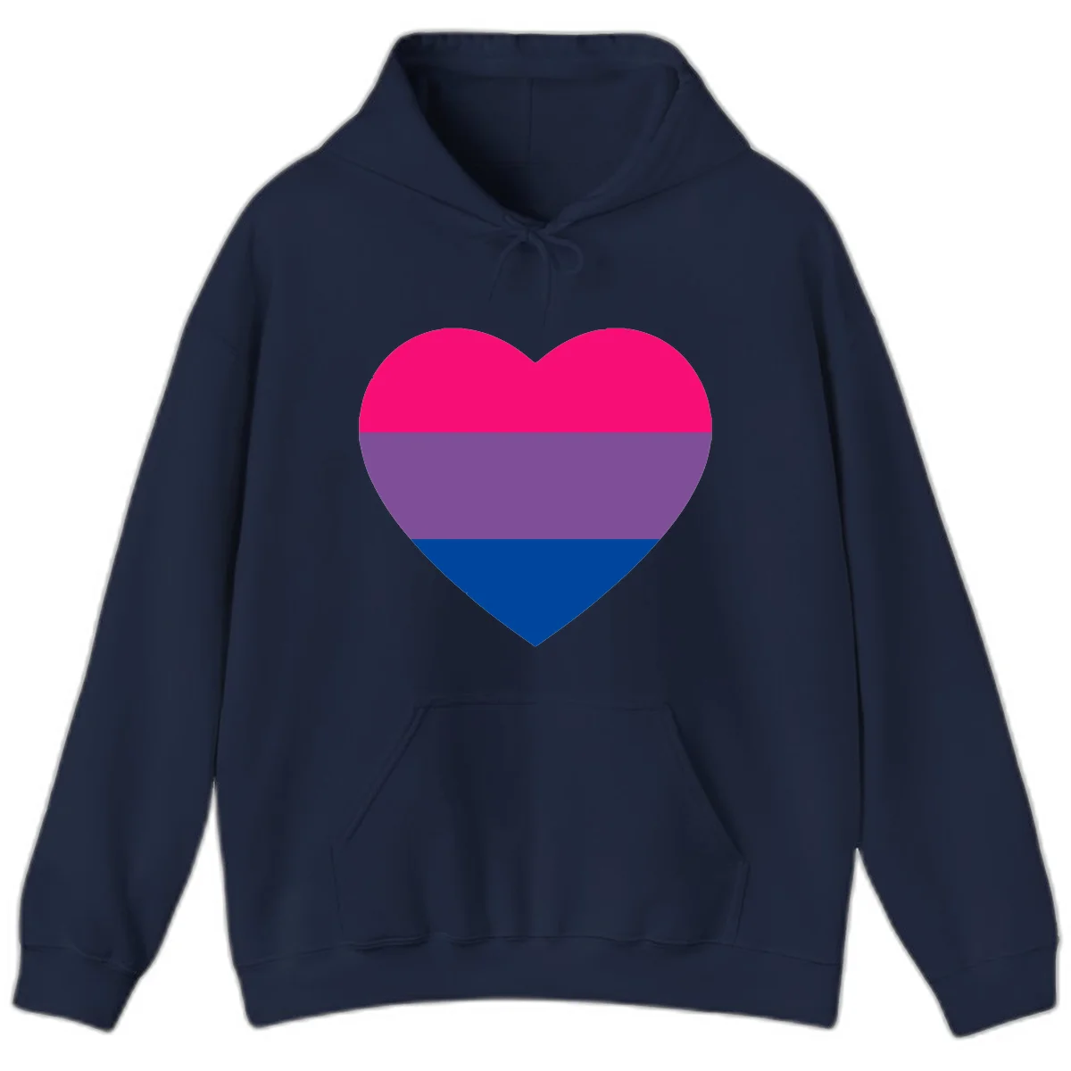 Heart shape filled with bisexual pride flag stripes in magenta, purple, and dark blue on gray background in Navy