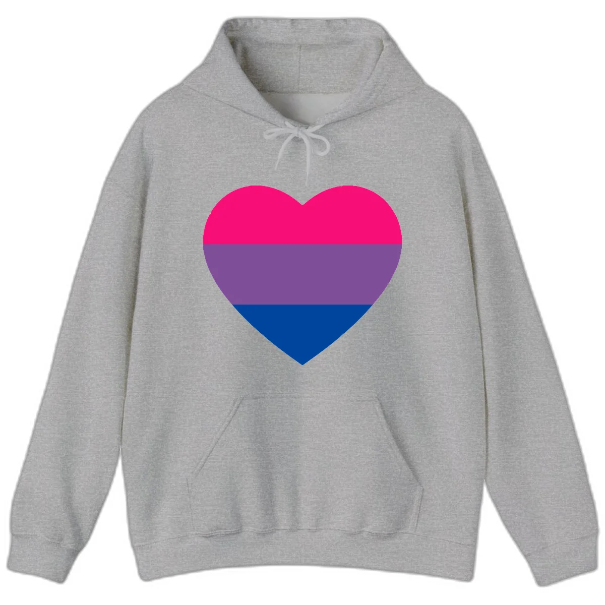 Heart shape filled with bisexual pride flag stripes in magenta, purple, and dark blue on gray background in Sport Grey