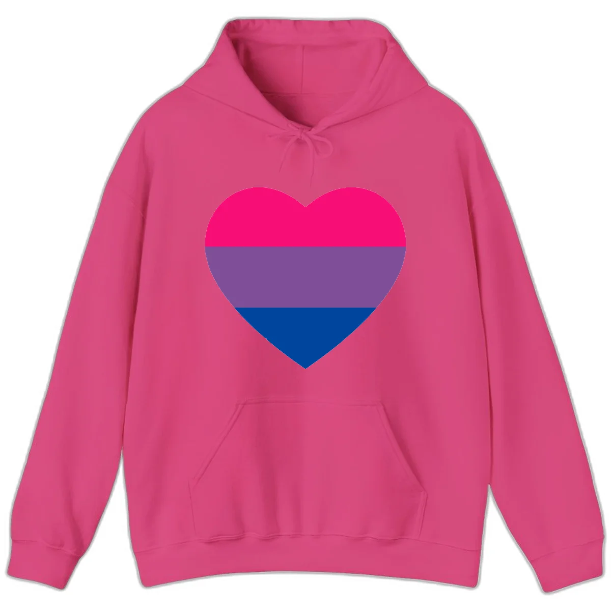 Heart shape filled with bisexual pride flag stripes in magenta, purple, and dark blue on gray background in Heliconia