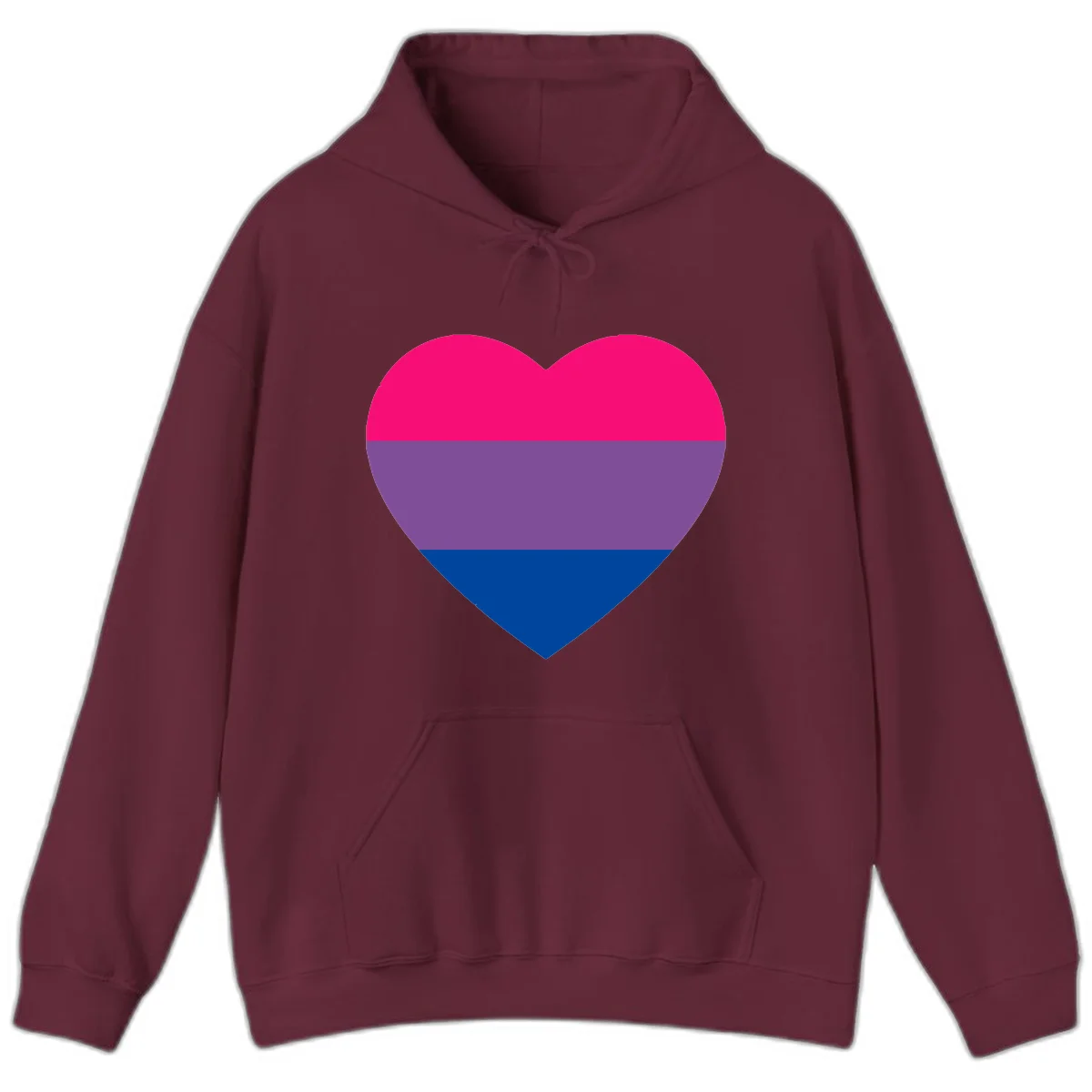 Heart shape filled with bisexual pride flag stripes in magenta, purple, and dark blue on gray background in Maroon