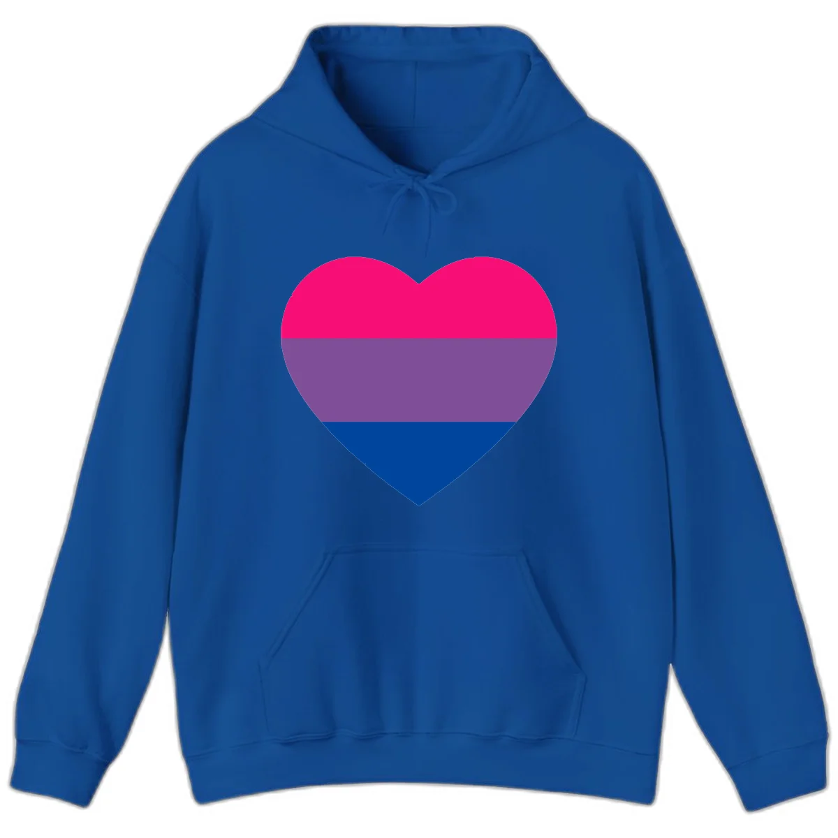 Heart shape filled with bisexual pride flag stripes in magenta, purple, and dark blue on gray background in Royal