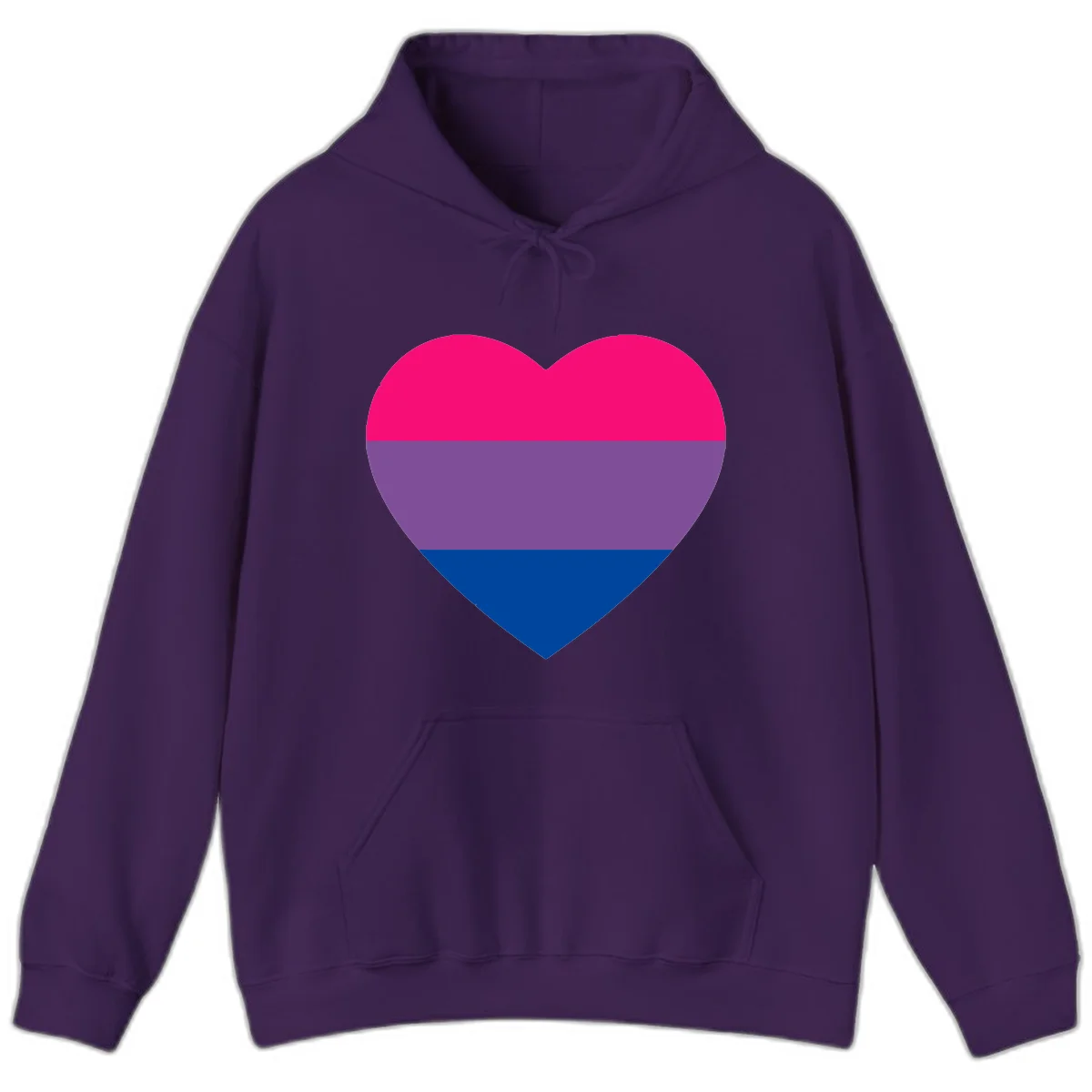 Heart shape filled with bisexual pride flag stripes in magenta, purple, and dark blue on gray background in Purple