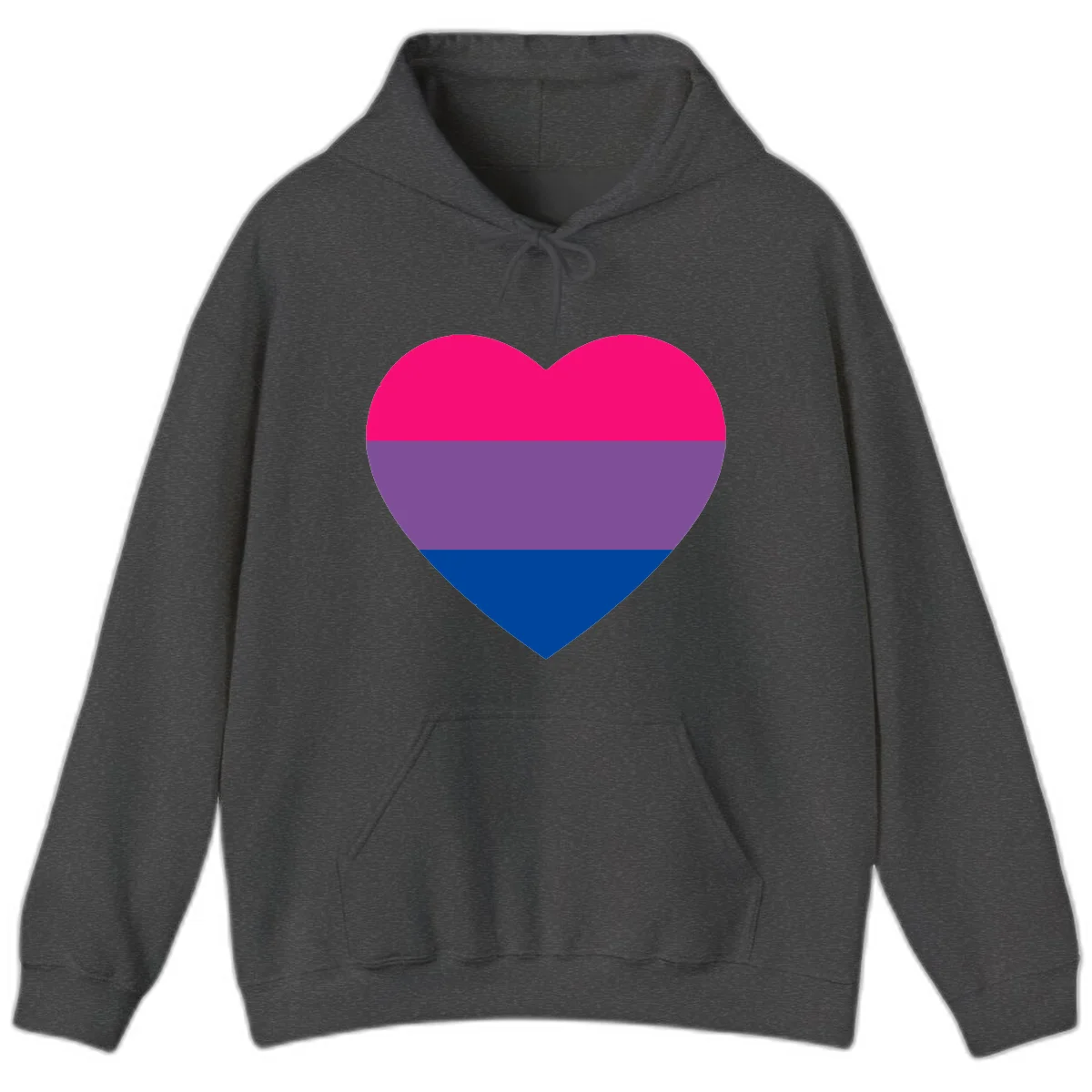 Heart shape filled with bisexual pride flag stripes in magenta, purple, and dark blue on gray background in Dark Heather