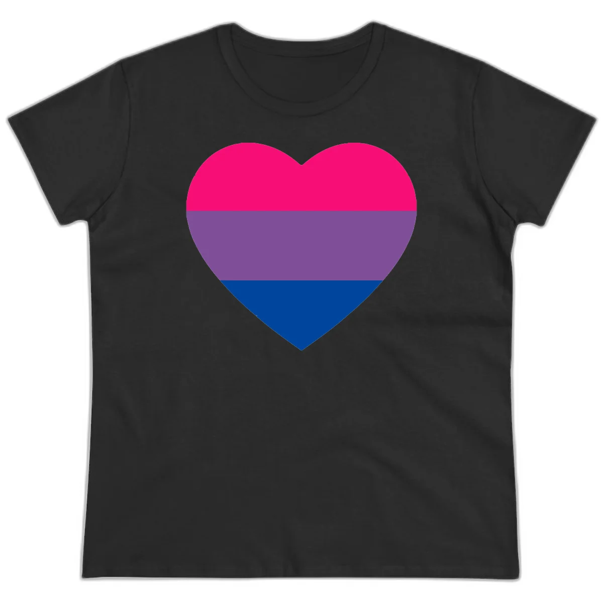Heart shape filled with bisexual pride flag stripes in magenta, purple, and dark blue on gray background in Black