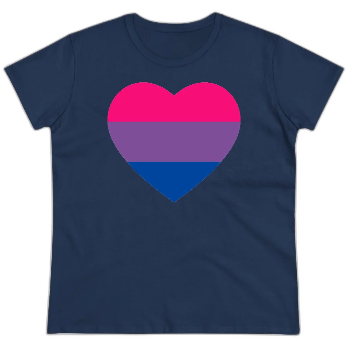 Heart shape filled with bisexual pride flag stripes in magenta, purple, and dark blue on gray background in Navy
