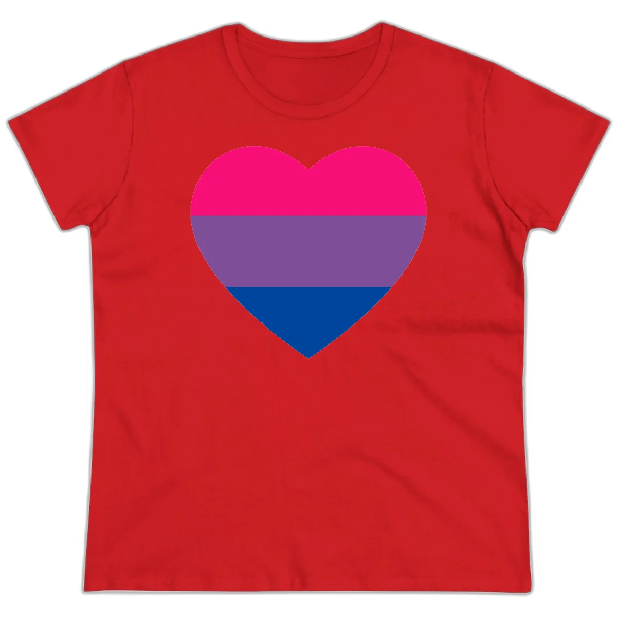 Heart shape filled with bisexual pride flag stripes in magenta, purple, and dark blue on gray background in Red