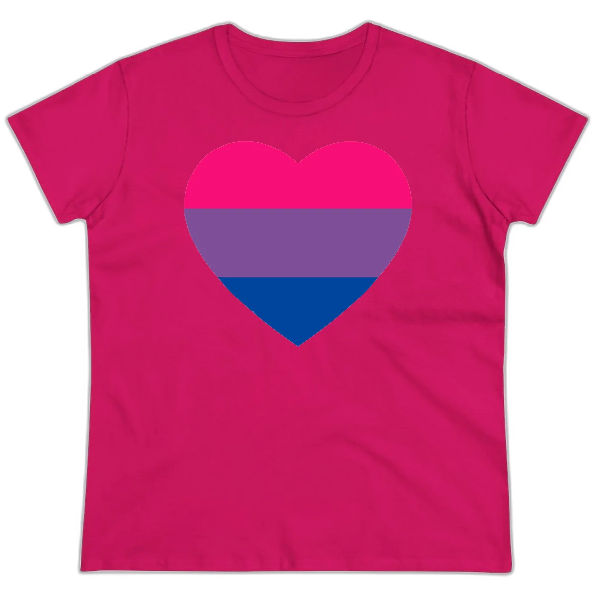 Heart shape filled with bisexual pride flag stripes in magenta, purple, and dark blue on gray background in Heliconia