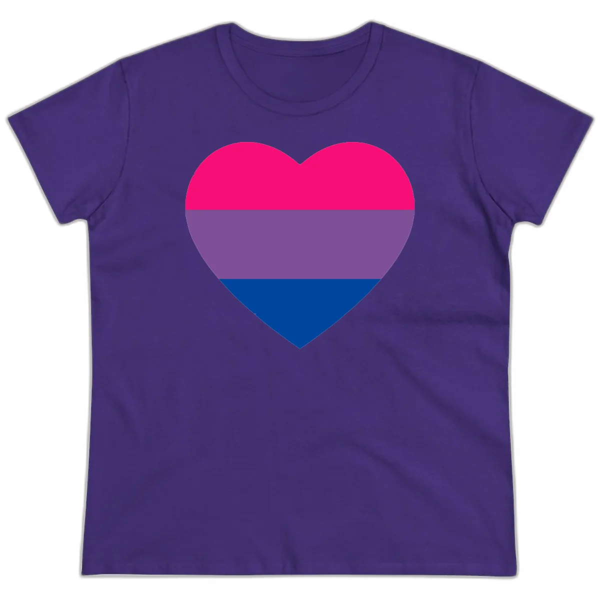 Heart shape filled with bisexual pride flag stripes in magenta, purple, and dark blue on gray background in Purple