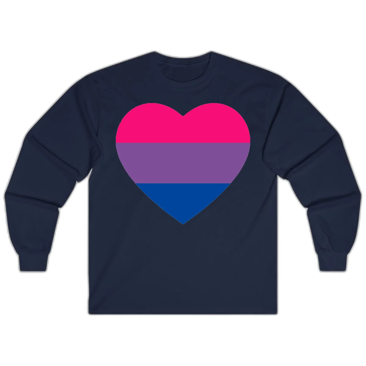 Heart shape filled with bisexual pride flag stripes in magenta, purple, and dark blue on gray background in Navy
