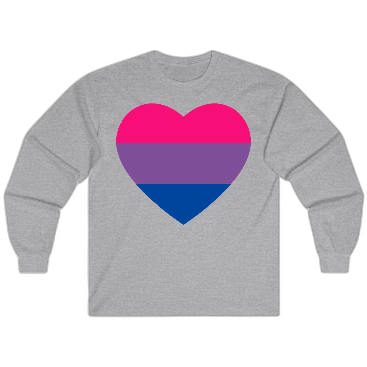 Heart shape filled with bisexual pride flag stripes in magenta, purple, and dark blue on gray background in Sport Grey