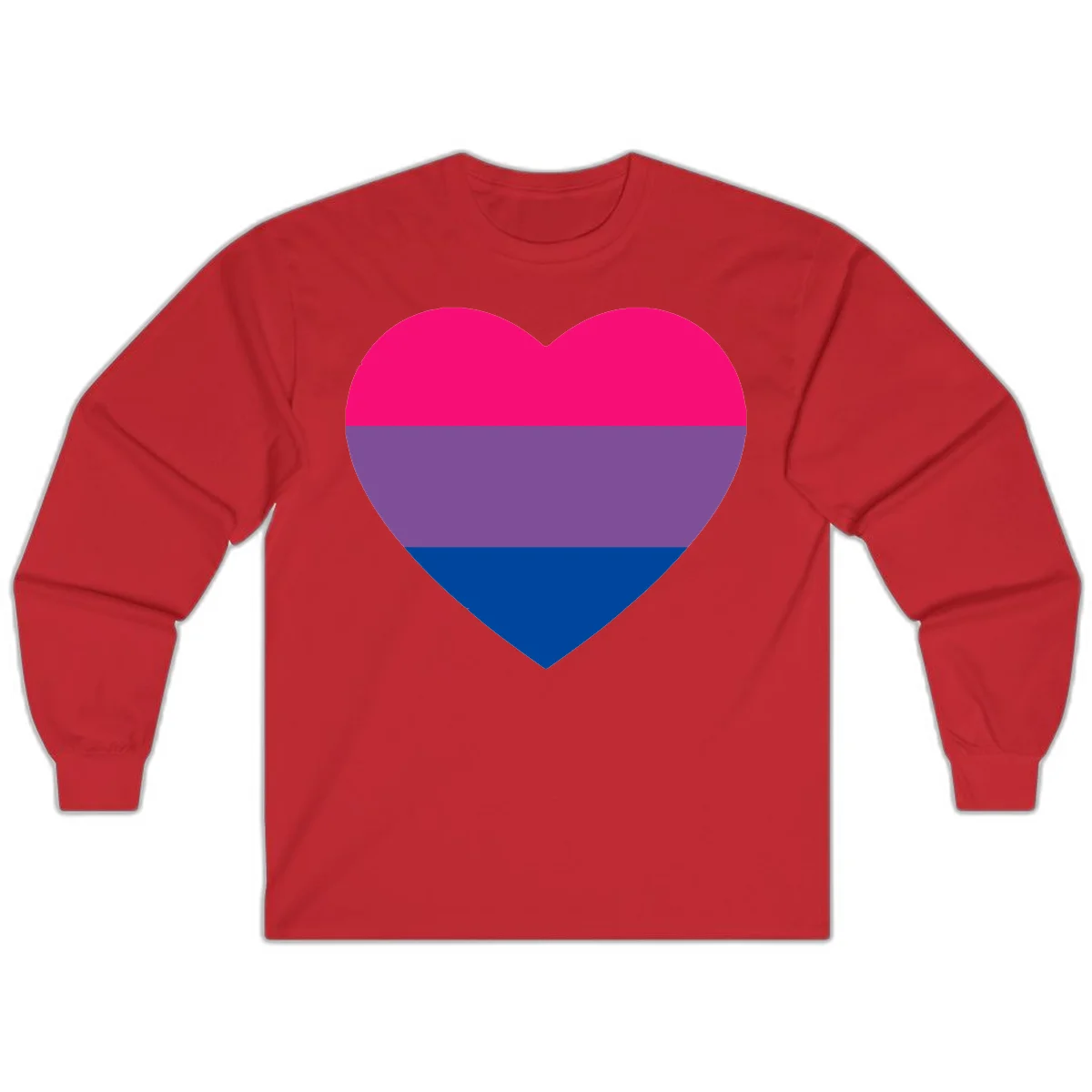 Heart shape filled with bisexual pride flag stripes in magenta, purple, and dark blue on gray background in Red