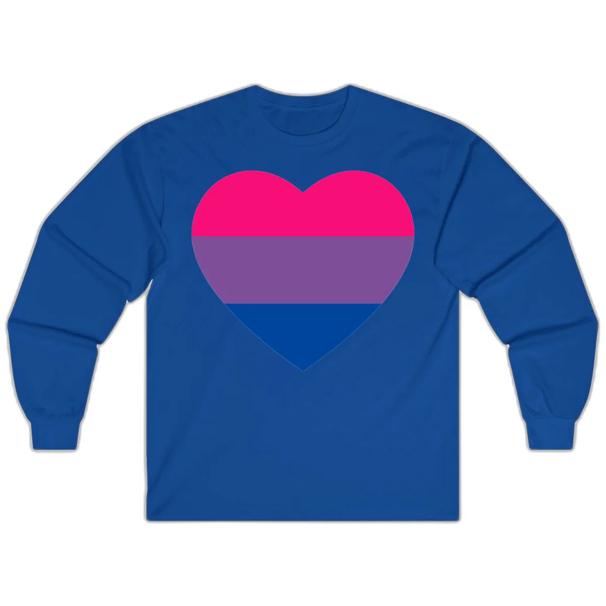 Heart shape filled with bisexual pride flag stripes in magenta, purple, and dark blue on gray background in Royal