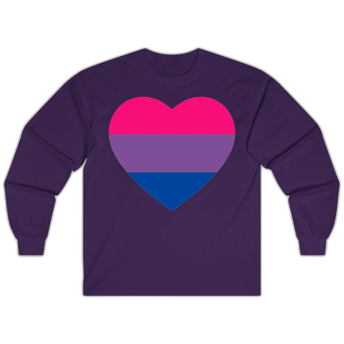 Heart shape filled with bisexual pride flag stripes in magenta, purple, and dark blue on gray background in Purple