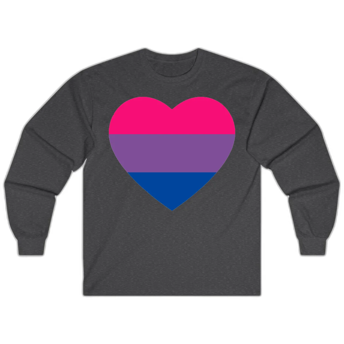 Heart shape filled with bisexual pride flag stripes in magenta, purple, and dark blue on gray background in Dark Heather