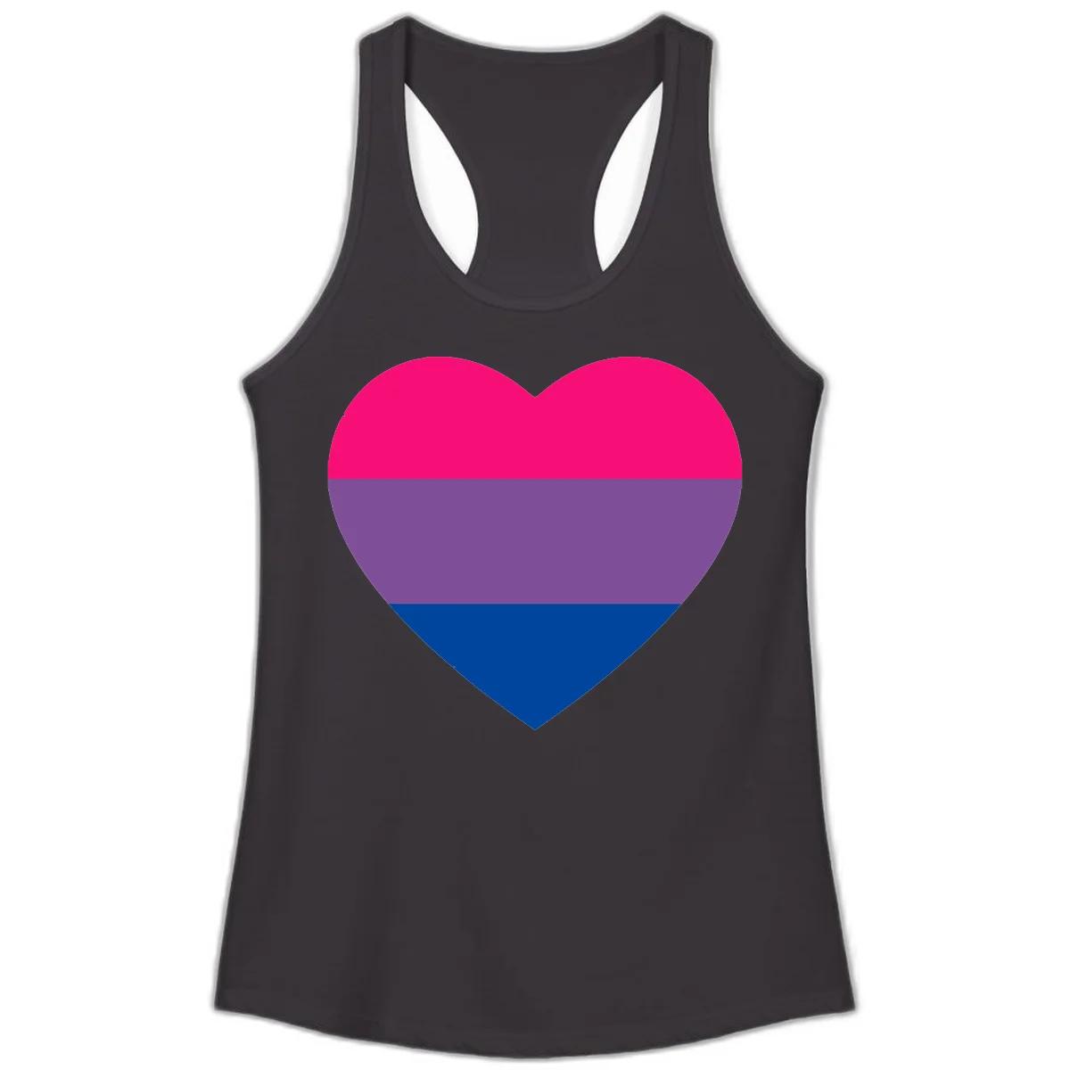 Heart shape filled with bisexual pride flag stripes in magenta, purple, and dark blue on gray background in Black