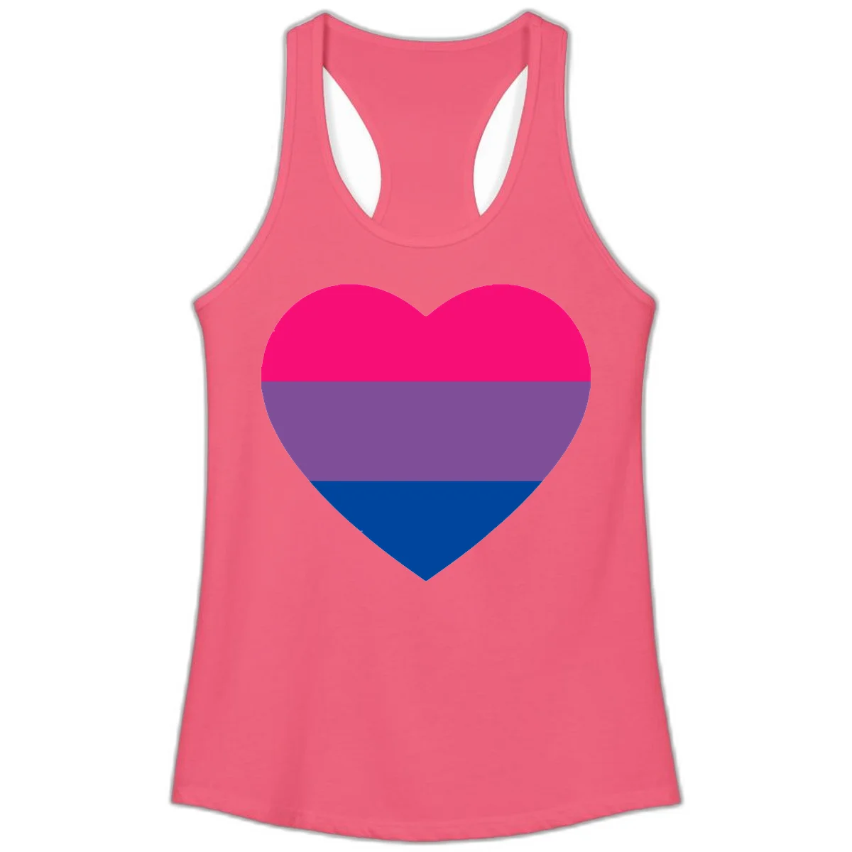 Heart shape filled with bisexual pride flag stripes in magenta, purple, and dark blue on gray background in Hot Pink