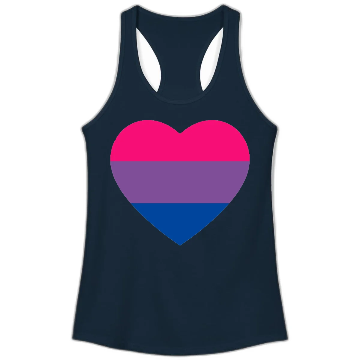 Heart shape filled with bisexual pride flag stripes in magenta, purple, and dark blue on gray background in Solid Midnight Navy