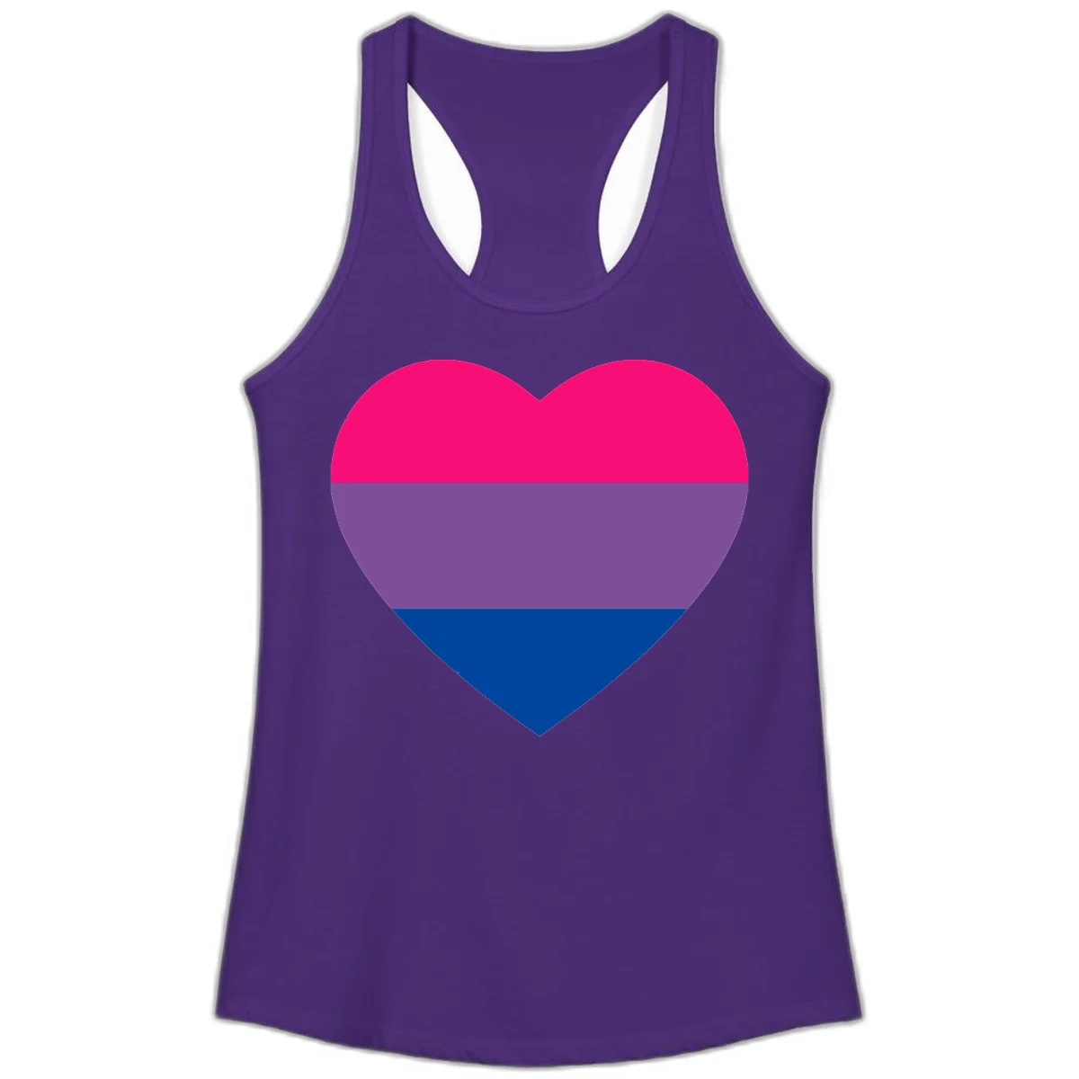 Heart shape filled with bisexual pride flag stripes in magenta, purple, and dark blue on gray background in Solid Purple Rush