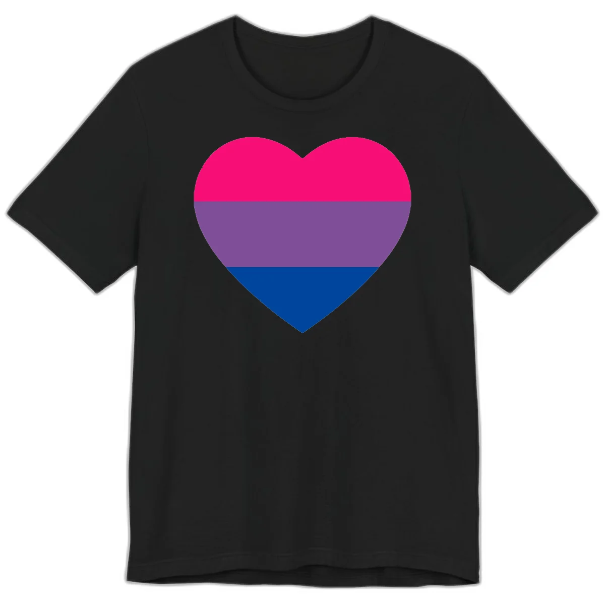 Heart shape filled with bisexual pride flag stripes in magenta, purple, and dark blue on gray background in Black
