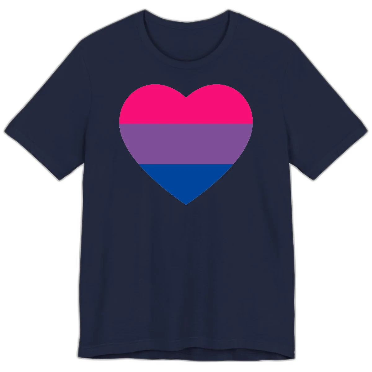 Heart shape filled with bisexual pride flag stripes in magenta, purple, and dark blue on gray background in Navy