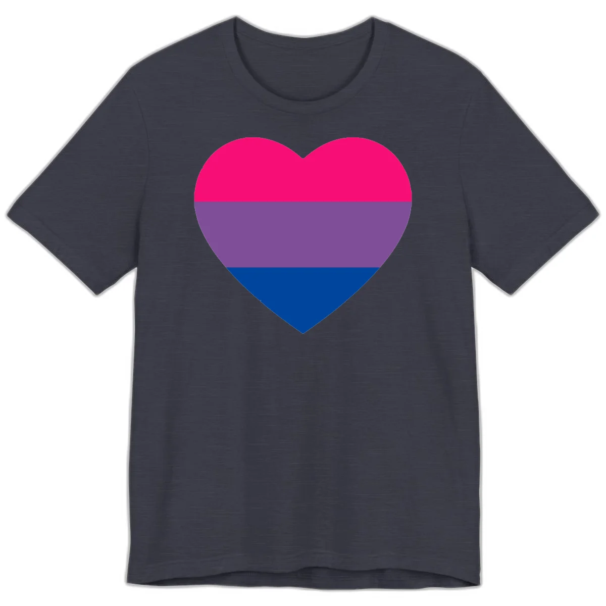 Heart shape filled with bisexual pride flag stripes in magenta, purple, and dark blue on gray background in Heather Midnight Navy