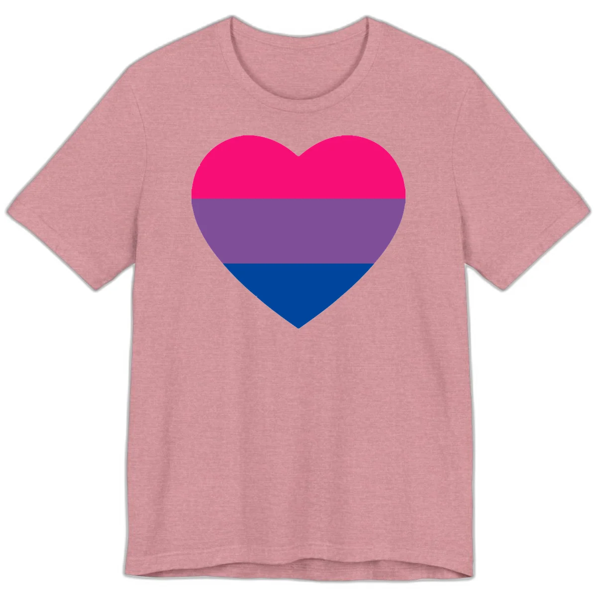 Heart shape filled with bisexual pride flag stripes in magenta, purple, and dark blue on gray background in Heather Orchid