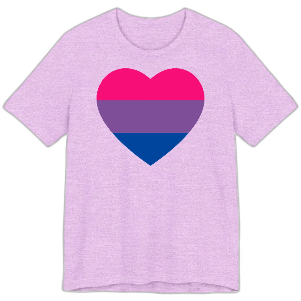 Heart shape filled with bisexual pride flag stripes in magenta, purple, and dark blue on gray background in Heather Prism Lilac