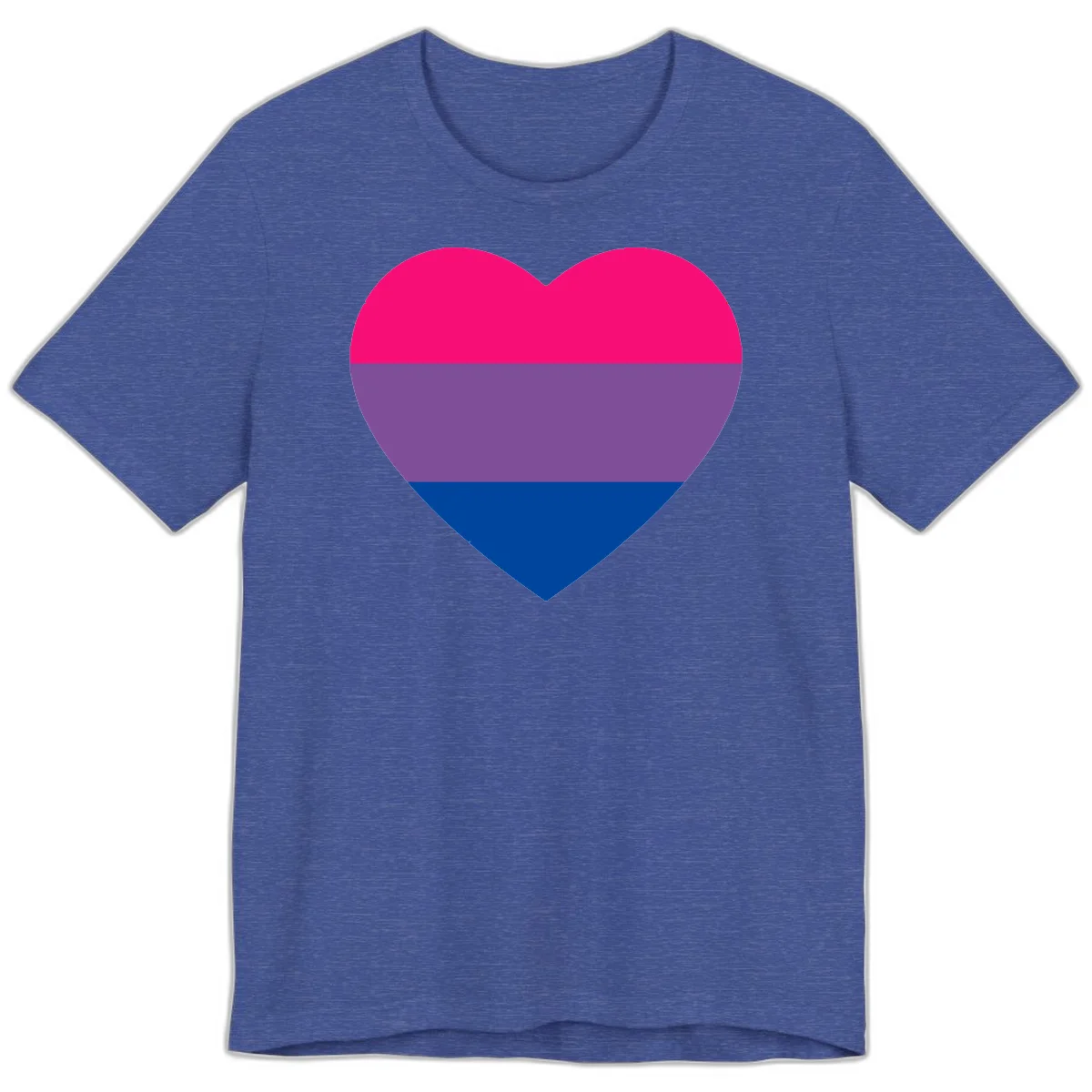 Heart shape filled with bisexual pride flag stripes in magenta, purple, and dark blue on gray background in Heather True Royal