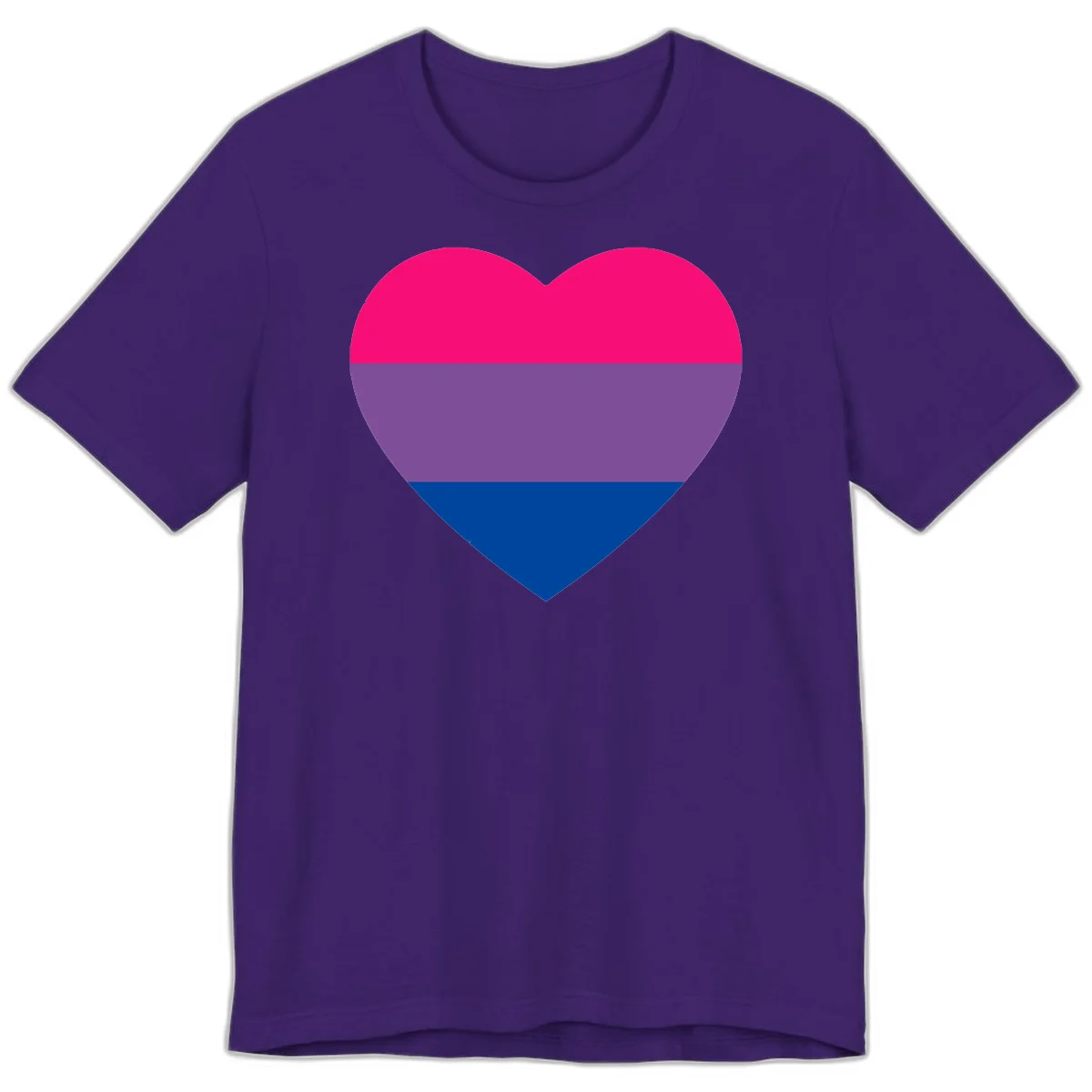 Heart shape filled with bisexual pride flag stripes in magenta, purple, and dark blue on gray background in Team Purple
