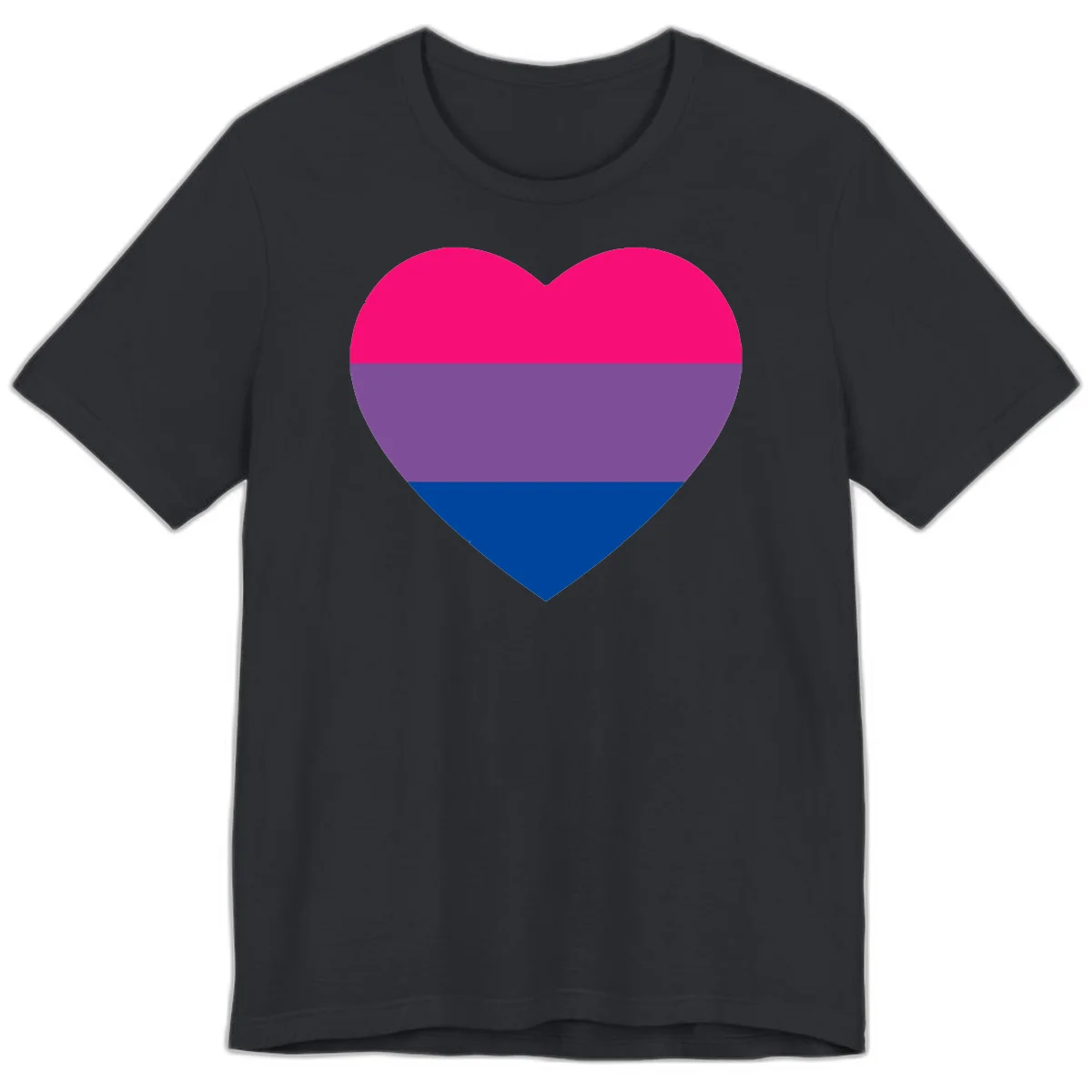 Heart shape filled with bisexual pride flag stripes in magenta, purple, and dark blue on gray background in Vintage Black