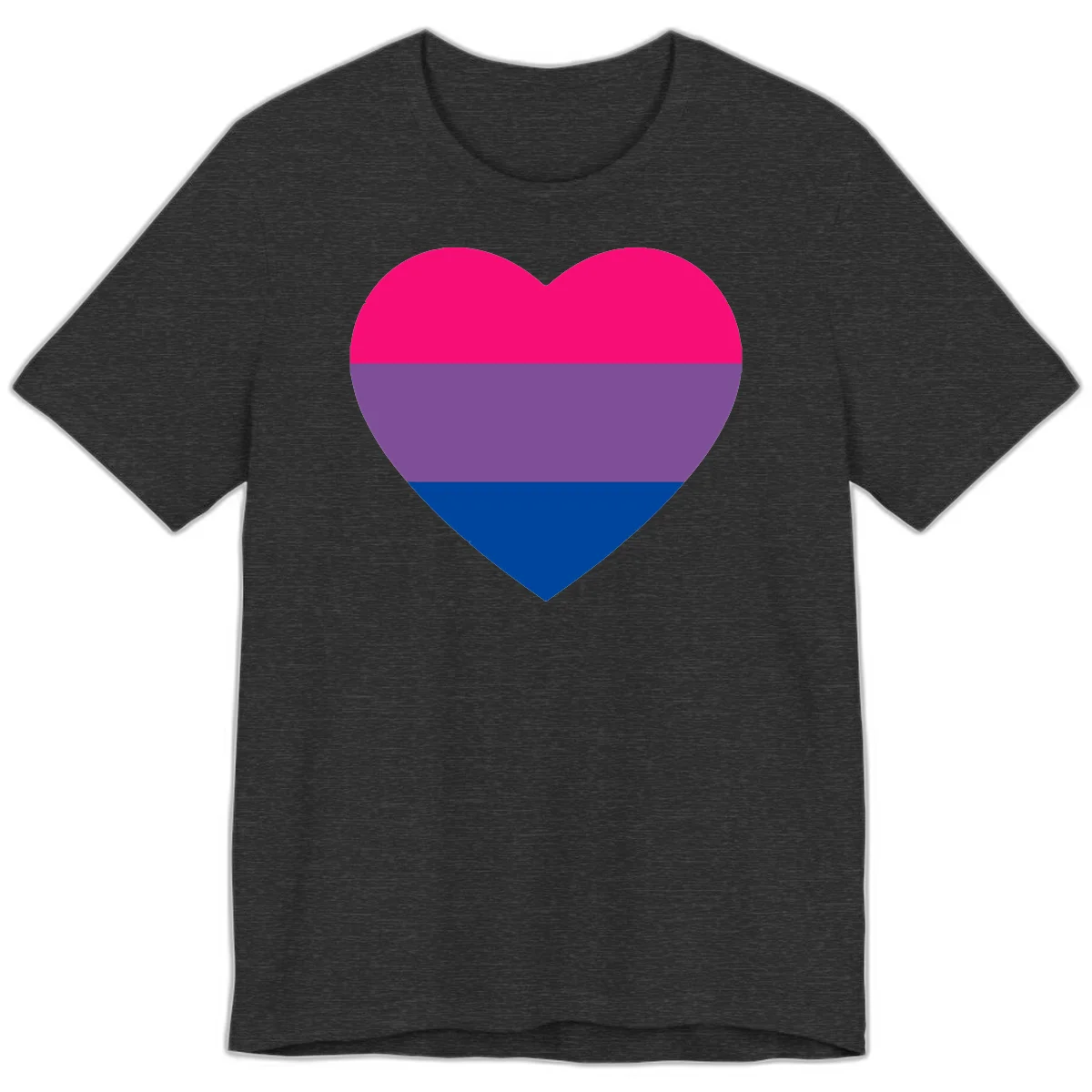 Heart shape filled with bisexual pride flag stripes in magenta, purple, and dark blue on gray background in Dark Grey Heather