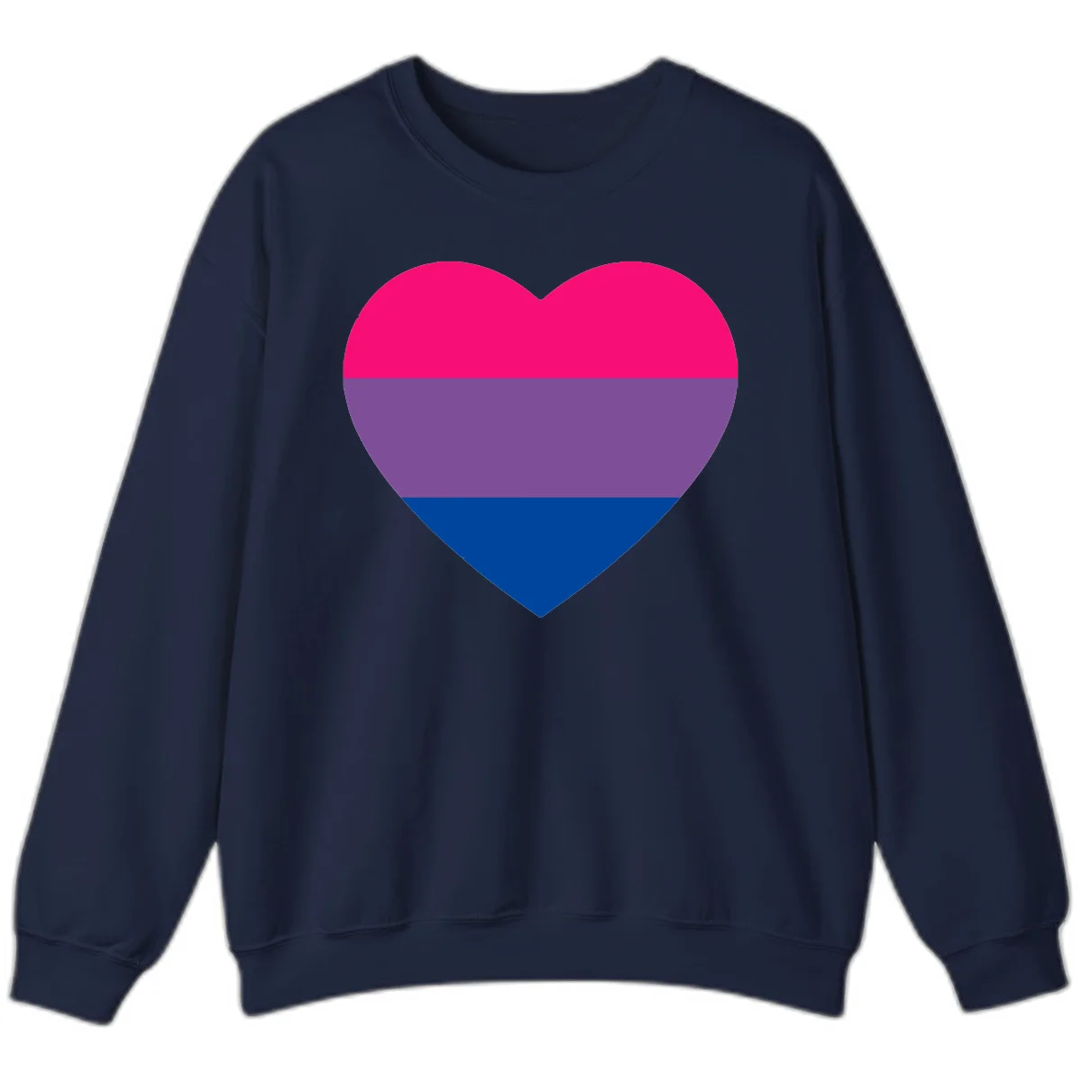 Heart shape filled with bisexual pride flag stripes in magenta, purple, and dark blue on gray background in Navy