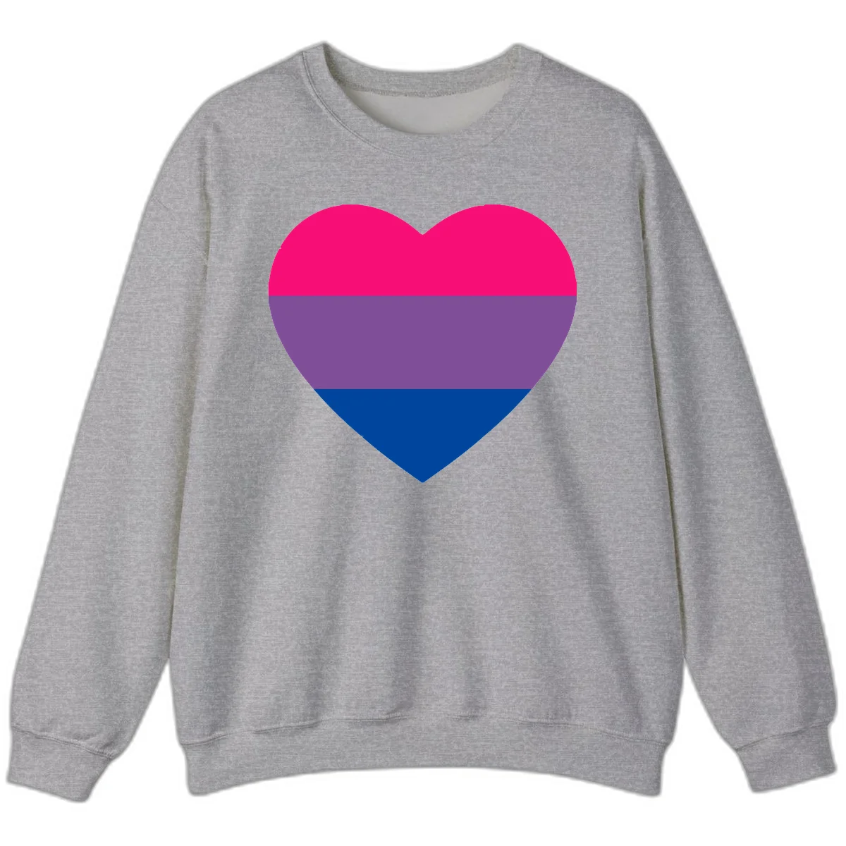 Heart shape filled with bisexual pride flag stripes in magenta, purple, and dark blue on gray background in Sport Grey