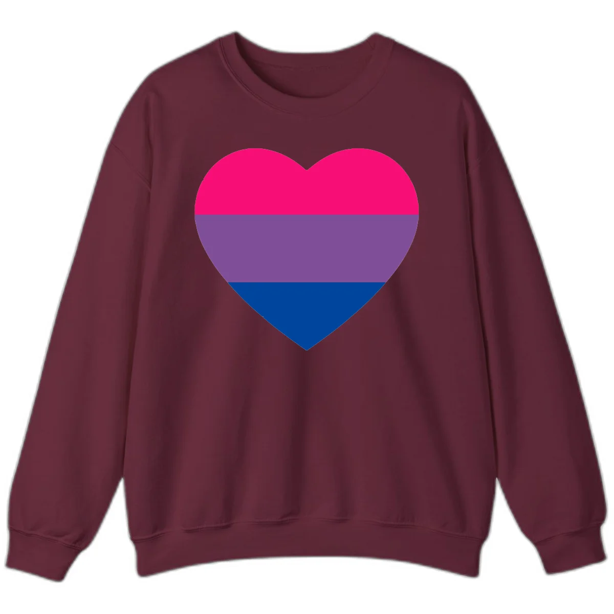 Heart shape filled with bisexual pride flag stripes in magenta, purple, and dark blue on gray background in Maroon
