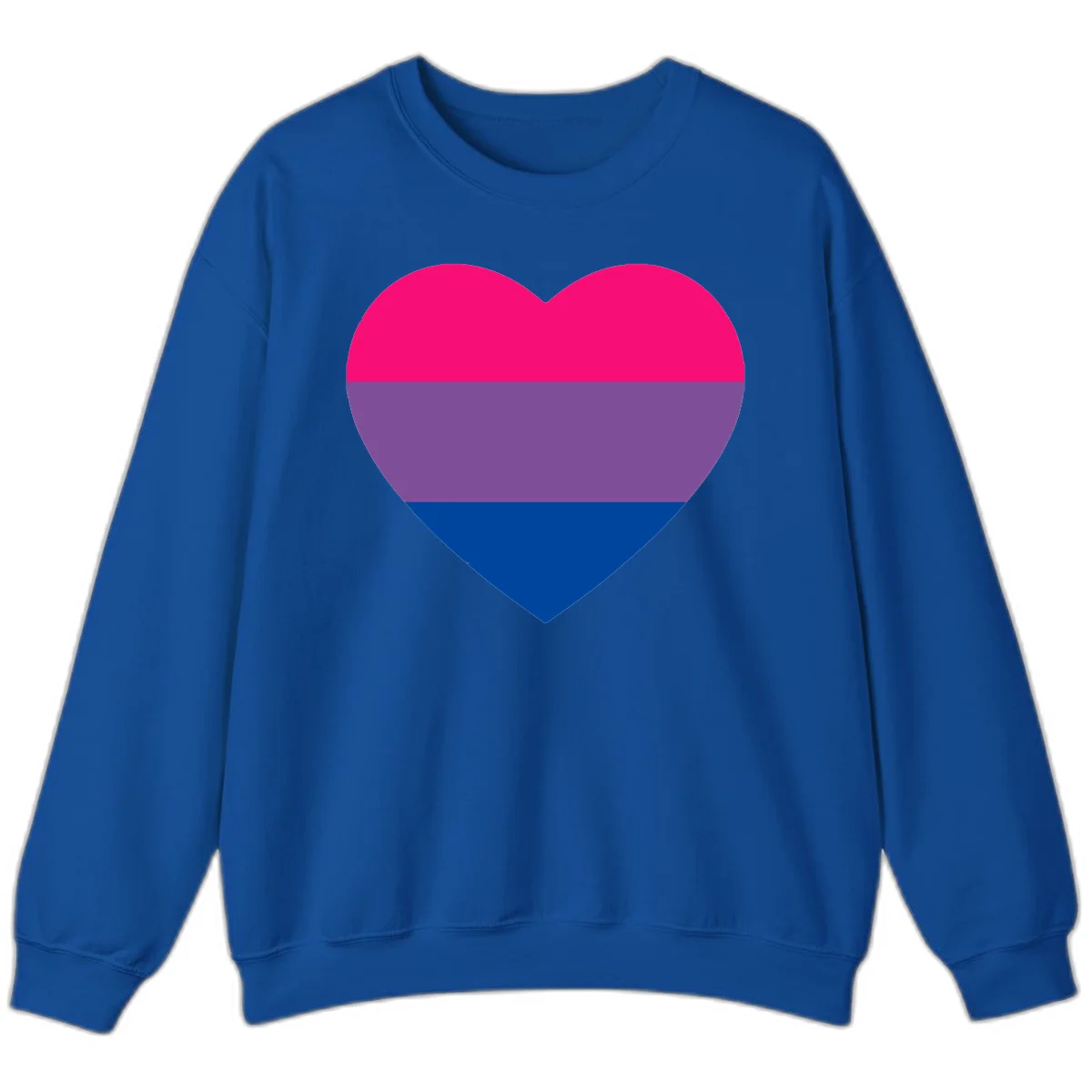 Heart shape filled with bisexual pride flag stripes in magenta, purple, and dark blue on gray background in Royal