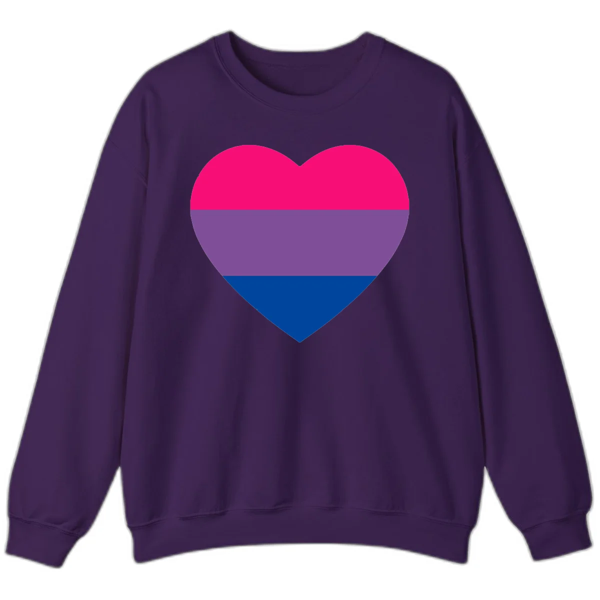 Heart shape filled with bisexual pride flag stripes in magenta, purple, and dark blue on gray background in Purple