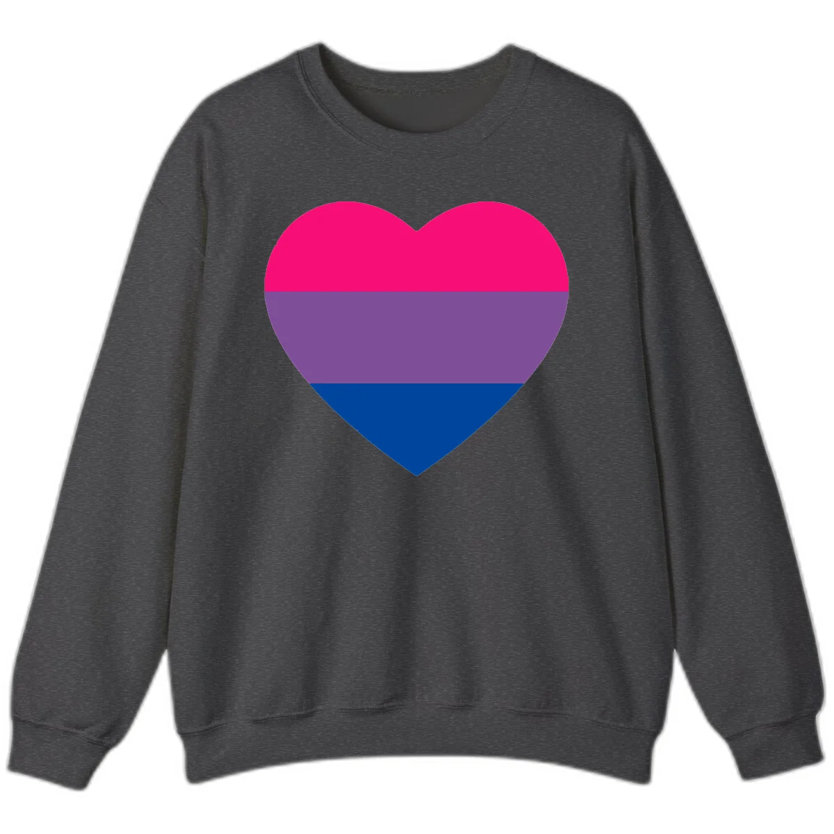 Heart shape filled with bisexual pride flag stripes in magenta, purple, and dark blue on gray background in Dark Heather