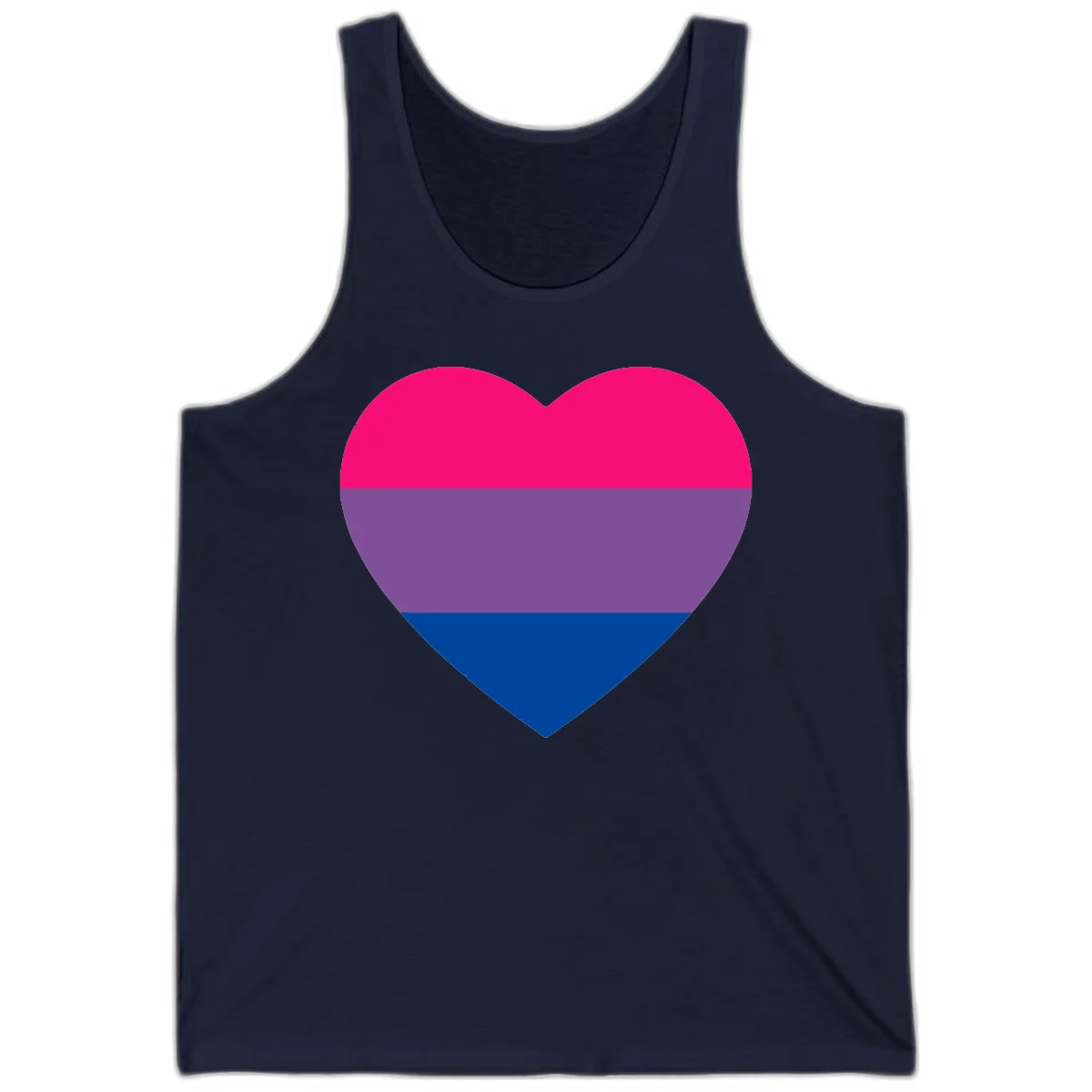 Heart shape filled with bisexual pride flag stripes in magenta, purple, and dark blue on gray background in Navy