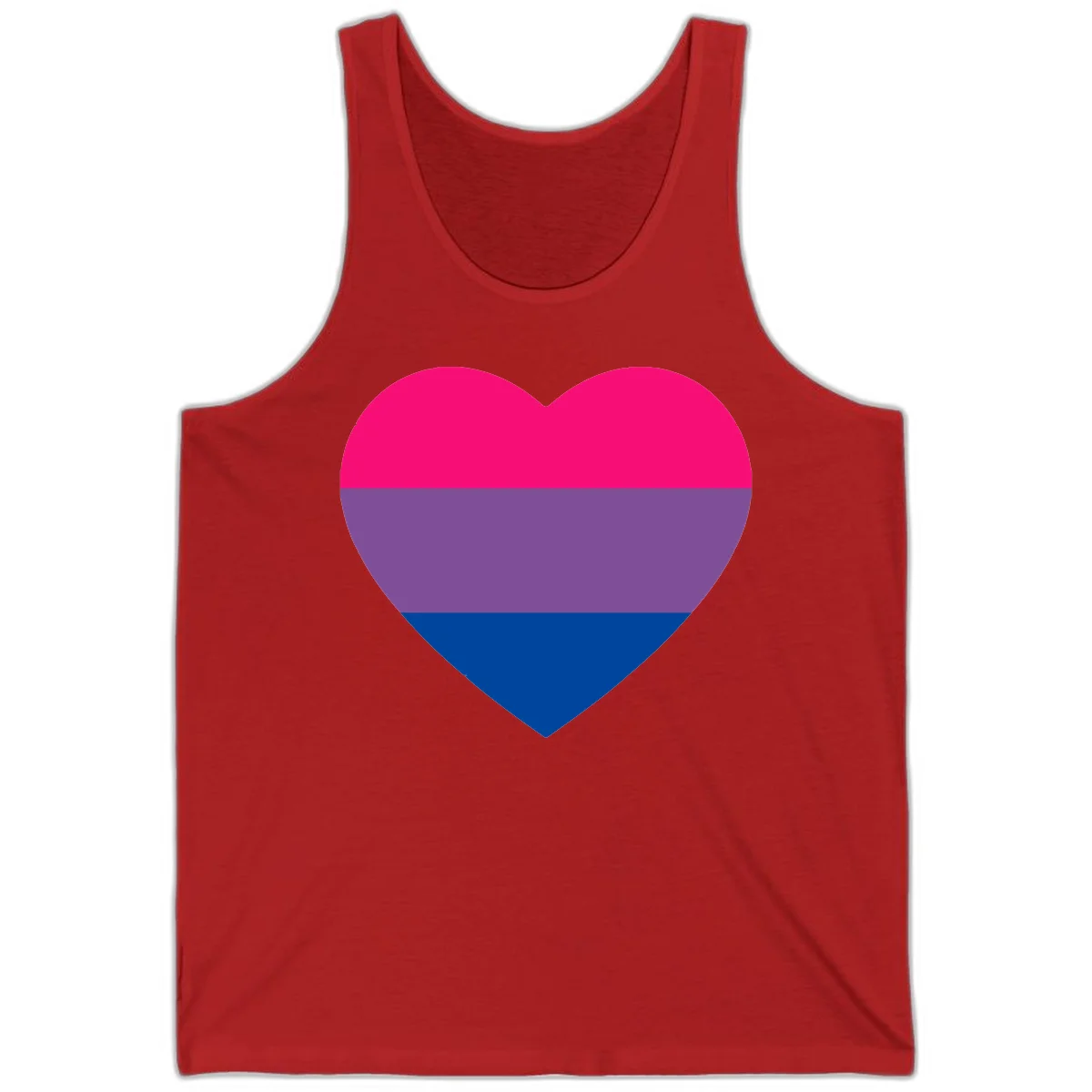 Heart shape filled with bisexual pride flag stripes in magenta, purple, and dark blue on gray background in Red