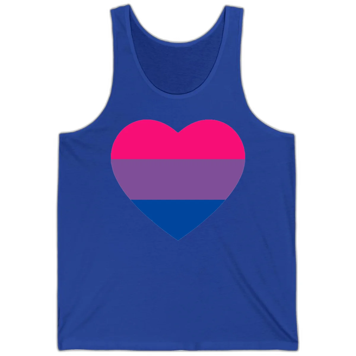 Heart shape filled with bisexual pride flag stripes in magenta, purple, and dark blue on gray background in True Royal
